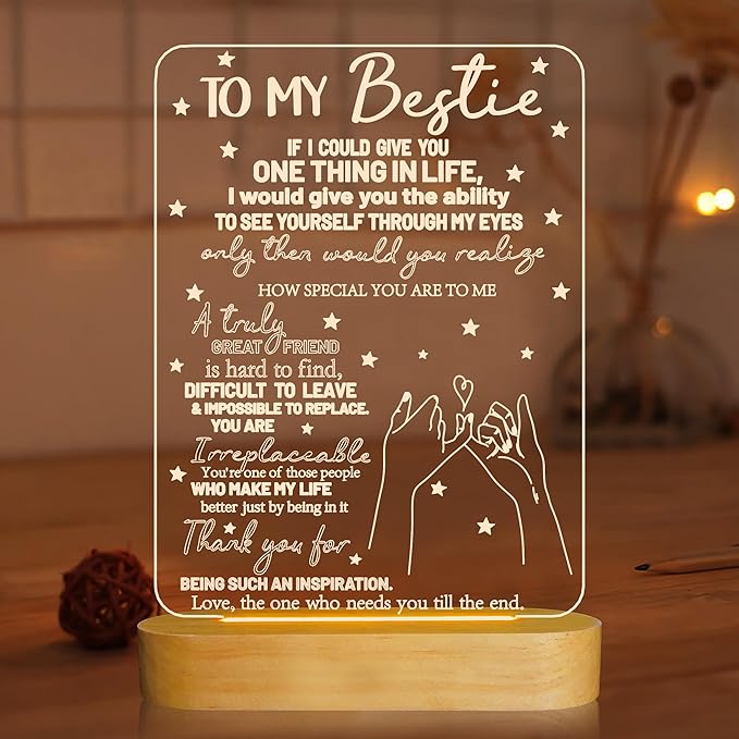 to My Bestie Gifts, Best Friend Gift for Women 3D Illusion Lamp, I Love You Friends Night Light for BFF Christmas White Elephant Gifts, Soft Warm Color Wooden Table Lamp