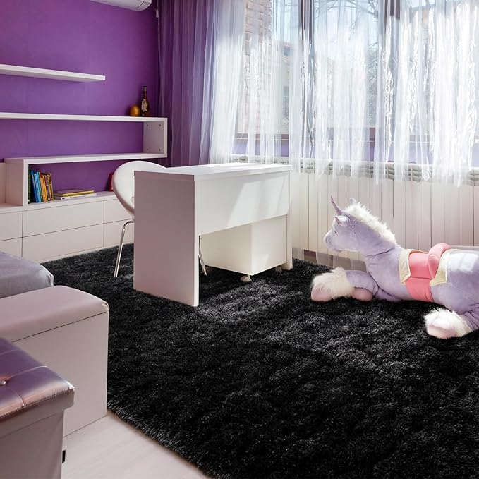 Andecor Soft Fluffy Bedroom Rugs, 8 x 10 Feet Indoor Shaggy Plush Area Rug for Boys Girls Kids Baby College Dorm Living Room Home Decor Floor Carpet, Black