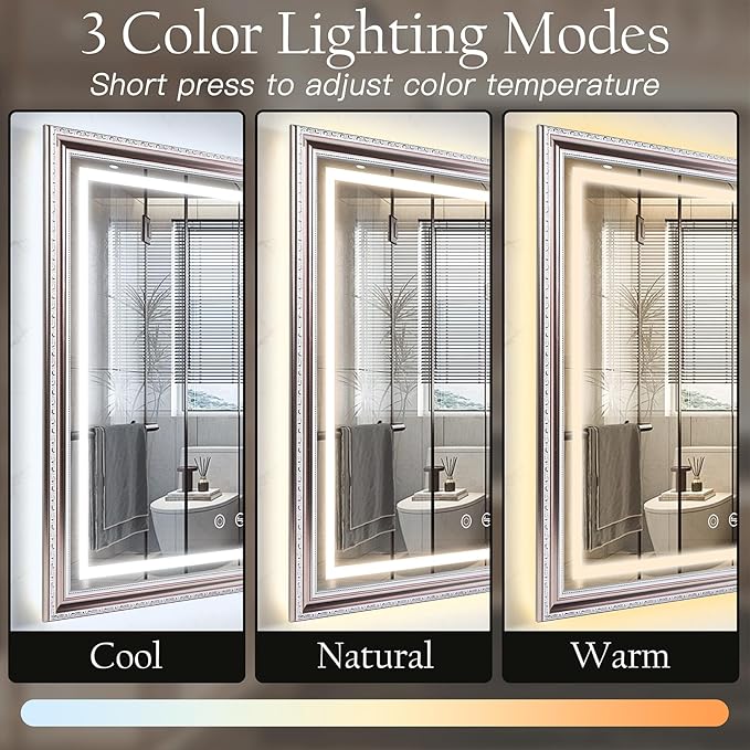 ROLOVE 23x35 Inch Bathroom Mirror with Lights, Brushed Rose Gold Frame, Anti-Fog LED Vanity Mirror for Wall, Plug-in/Hardwired, Dimmable, Tempered Glass,Wall Mirrors Decorative (Champagne Pink Hue)