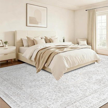 10x14 Area Rugs for Living Room: Washable Large Vintage Floral Rug Low Pile Non-Slip Boho Carpet for Bedroom Home Office Dining Room (FloralGrey, 10'x14')