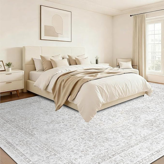 10x14 Area Rugs for Living Room: Washable Large Vintage Floral Rug Low Pile Non-Slip Boho Carpet for Bedroom Home Office Dining Room (FloralGrey, 10'x14')