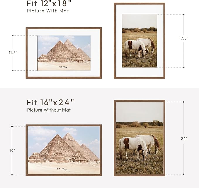 16x24 Wood Frame, Solid Oak 16x24 Poster Frames with Mat to 12x18(Openning Size is 11.7x17.7), Natural Oak 24x16 Frame, (Walnut Set of 1)