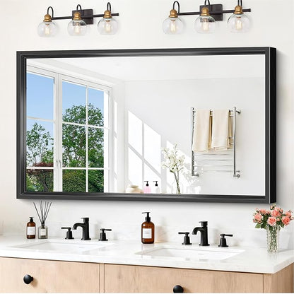 Large Bathroom Mirror, 60 x 36 Inch Rectangular Wall Mirror 0.6" Thickened Deep Frame, Brushed Black Mirrors for Bathroom Sink, Shatterproof Tempered Glass, Antirust, Horizontally or Vertically