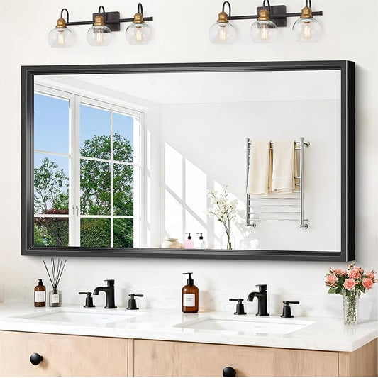 Large Bathroom Mirror, 60 x 36 Inch Rectangular Wall Mirror 0.6" Thickened Deep Frame, Brushed Black Mirrors for Bathroom Sink, Shatterproof Tempered Glass, Antirust, Horizontally or Vertically