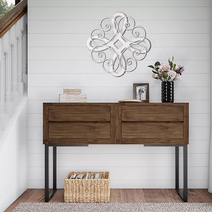 Sintosin Vintage Wrought Iron Wall Decor 22 Inch, Hanging Distressed White Farmhouse Wood and Metal Wall Art Decor, Rustic Medallion Home Wall Decor for Living Room Bedroom Entryway Hallway