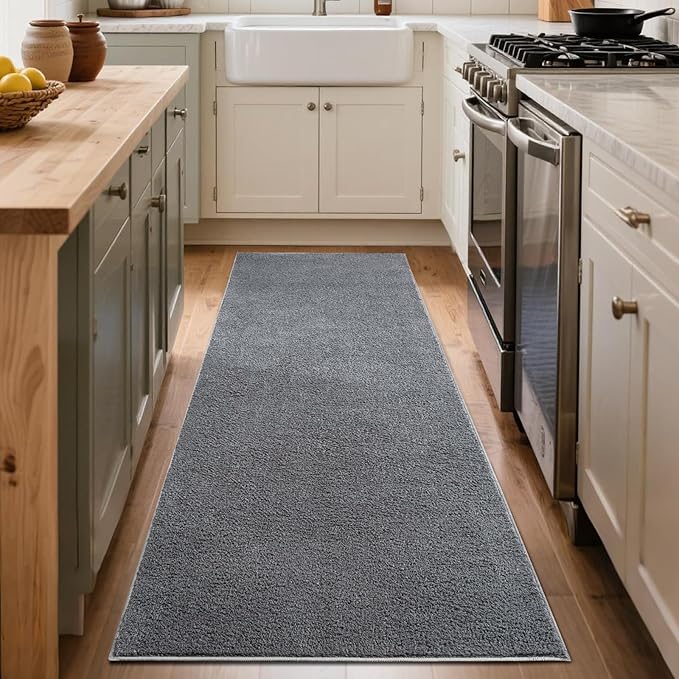 FinRèc 2x8 Washable Runner Rugs for Kitchen Hallway Bedroom, Low Pile Thin Rug Solid Color, Non-Slip Carpet Indoor for Home Decor (Pure Dark Grey)