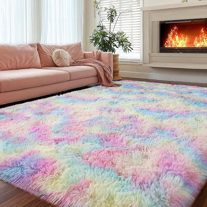 qulint 5x7 Fluffy Area Rug for Bedroom, Fuzzy Soft Kids Rug for Girl Plush Rainbow Living Room Carpet Shaggy Carpets for Dorm Classroom Nursery Home Decor Aesthetic (5ft x 7ft, Rainbow)