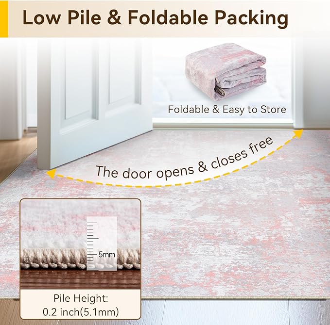 RELEANY Washable Area Rugs 7'x9' Non-Slip Modern Abstract Soft for Living Room Entryway Bedroom Nursery, Print Pattern, Grey Pink