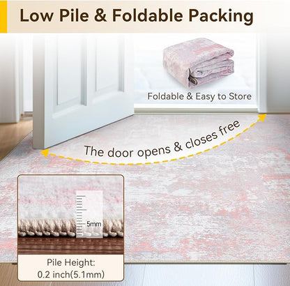 RELEANY Washable Area Rugs Square 7ft Non-Slip Modern Abstract Soft for Living Room Entryway Bedroom Nursery, Print Pattern, Grey Pink