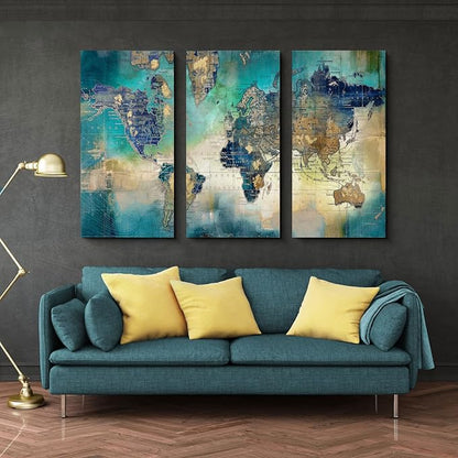 Pogusmavi Canvas Wall Art for Living Room - World Map Wall Decor - Large Wall Art for Bedroom - Office Artwork - Map Wall Art 16"x32" 3 Piece Canvas Wall Art