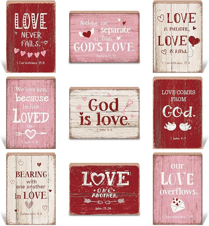 Yousoontic 9 Pcs Christian Valentine's Day Decor Bible Verse Religious Jesus Table Decorations Wood Block Sign Rustic Valentines Love Tiered Tray Decor for Church Home Shelf Table Top(Vintage)