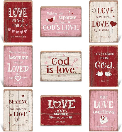Yousoontic 9 Pcs Christian Valentine's Day Decor Bible Verse Religious Jesus Table Decorations Wood Block Sign Rustic Valentines Love Tiered Tray Decor for Church Home Shelf Table Top(Vintage)