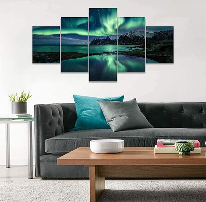 Aurora Borealis Wall Art Painting for Office Bedroom Scenery Landscape Canvas Print Framed Picture Northern Lights Poster Artwork Ready to Hang(60Wx32H)