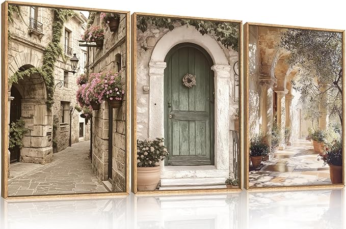 European Flower Street Framed Canvas Wall Art Set,Natural Architecture Travel City Landscape Wall Decor,Vintage Neutral Archway Cityscape Artwork for Living Room,Bedroom,Farmhouse-16 x24 x3