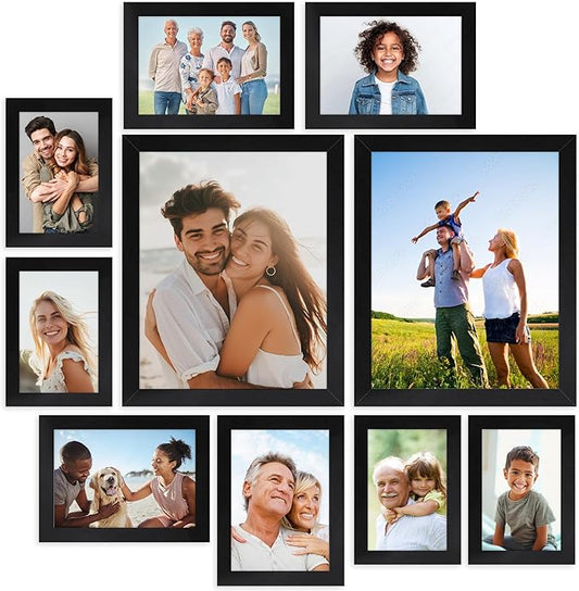 Icona Bay Combination Black Picture Frames Set - 10 PC (Four 4x6, Four 5x7, Two 8x10), Impresia Collection Multi-Pack, Simple Modern Design for Wall Gallery