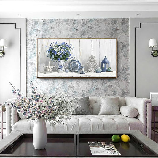Nicetop Large Framed Artwork for Walls – Coastal Rustic Farmhouse Art Prints Blue and White Floral Canvas Art Vintage Country Shabby Chic Wall Picture for Living Room Bedroom Kitchen Dining 48x24 Inch