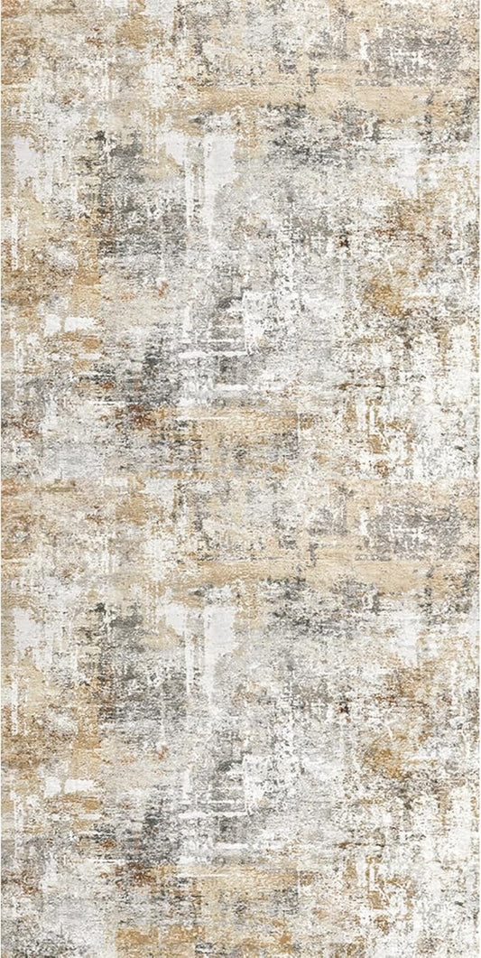 3x6 Washable Non-Slip Kitchen Runner Rug – Modern Abstract Wide Floor Carpet Runner with Rubber Backing for Entryway, Hallway, Bathroom, Living Room, Low Pile Thin (Gold Grey)