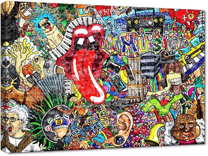 Graffiti Paintings Canvas Colorful Wall Art Living Room Decor Pictures Music Collage on Brick Wall Contemporary Home Decor Modern Artwork Posters and Prints Framed Ready to Hang (44''W x 28''H)