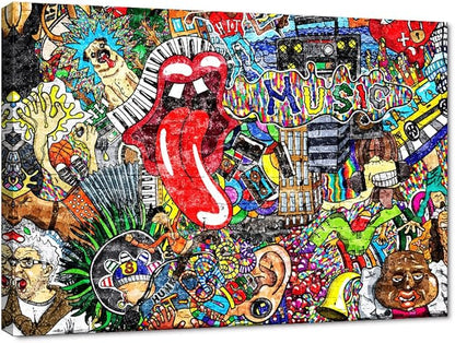 Graffiti Paintings Canvas Colorful Wall Art Living Room Decor Pictures Music Collage on Brick Wall Contemporary Home Decor Modern Artwork Posters and Prints Framed Ready to Hang (44''W x 28''H)