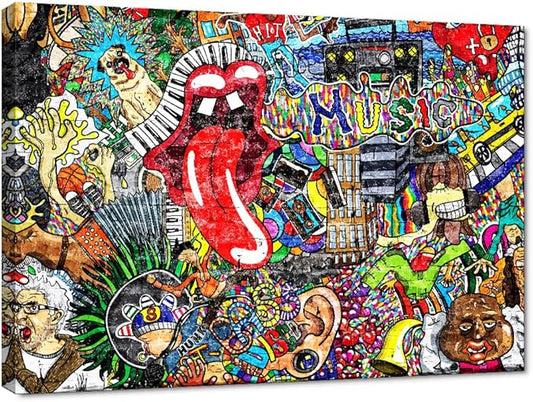 Graffiti Paintings Canvas Colorful Wall Art Living Room Decor Pictures Music Collage on Brick Wall Contemporary Home Decor Modern Artwork Posters and Prints Framed Ready to Hang (44''W x 28''H)