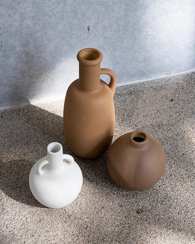 Ceramic Vase Set of 3 - Home Decor Farmhouse Rustic Decor, Decorative Flower Vases with Handles for Shelf, Dining Table,Living Room, Kitchen Shelf,Coffee Table,Modern Vase Decor -Multicolor