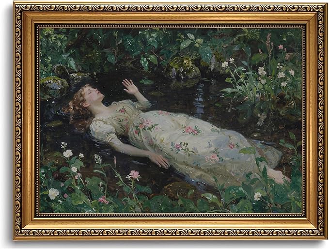 WZGZXU Vintage Gold Framed Wall Art Ophelia Canvas Painting Woman Portrait Picture Victorian Gothic Dark Academia Artwork Moody Prints For Living Room Bedroom Bathroom 12x16in