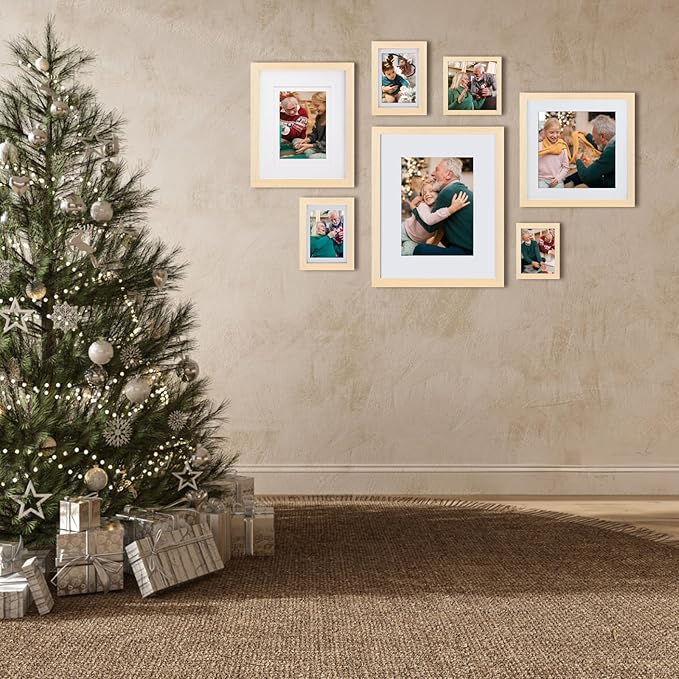 Egofine 8x8 Picture Frames Made of Solid Wood with Plexiglass, Display Pictures 4x4/6x6 with Mat or 8x8 Without Mat Set of 4 for Tabletop and Wall Mounting, Oak Wood