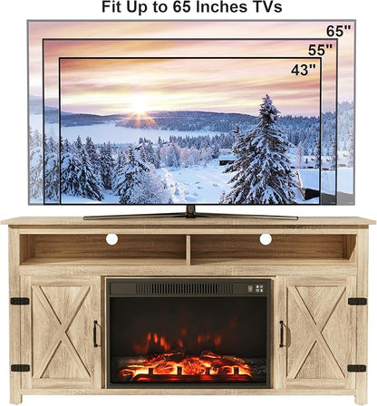 Furmax Farmhouse Fireplace TV Stand for TVs Up to 65 Inch Highboy Entertainment Center with Open Storage and Side Cabinets Rustic Media Console Table with Barn Doors for Living Room (Natural Oak)