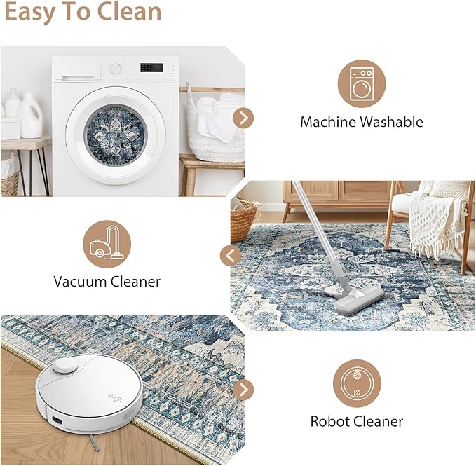 BESTSWEETIE 2x3 Area Rug Washable Rugs for Living Room, No Pile Boho Carpet for Entryway Bedroom Dinning Room, Vintage Carpet Print Distressed Non-Slip, 2 x 3 ft, Blue Navy