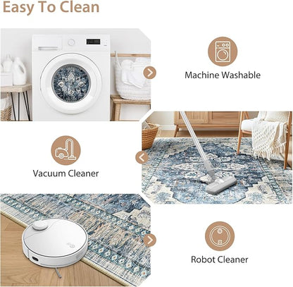 BESTSWEETIE 8ft Area Rug Washable Rugs for Living Room, No Pile Boho Carpet for Entryway Bedroom Dinning Room, Vintage Carpet Print Distressed Non-Slip, 96" Round, Blue Navy