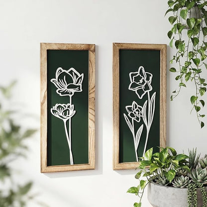 3D Floral Wall Art with 7''×16'' Botanical Textured Framed Artwork Decor Wall Art for Living Room Bedroom Office Bathroom Decor Wall Modern Boho Farmhouse Decor Wooden Ready to Hang (Set of 2)