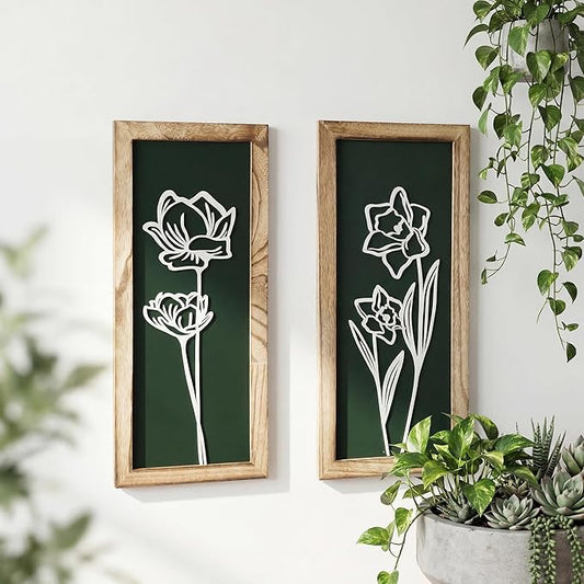 3D Floral Wall Art with 7''×16'' Botanical Textured Framed Artwork Decor Wall Art for Living Room Bedroom Office Bathroom Decor Wall Modern Boho Farmhouse Decor Wooden Ready to Hang (Set of 2)