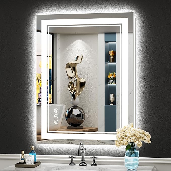 24x32 LED Bathroom Mirror with Lights, Backlit and Front Lit Anti-Fog Lighted Vanity Mirrors for Bathroom Wall, Dimmable, 3-Color Light, Memory, Shatter-Proof, HD Tempered Glass, CRI＞90
