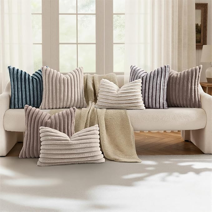 decorUhome Cozy Faux Fur Throw Pillow Covers 26x26 Set of 2 Decorative Soft Plush Striped Modern Farmhouse Boho Couch Euro Sham Pillow Cases with Velvet Back for Sofa Bed Living Room, Tan