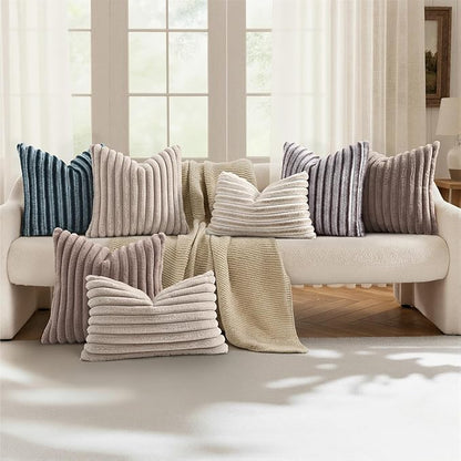 decorUhome Cozy Faux Fur Throw Pillow Covers 26x26 Set of 2 Decorative Soft Plush Striped Modern Farmhouse Boho Couch Euro Sham Pillow Cases with Velvet Back for Sofa Bed Living Room, Tan