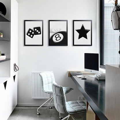 Black And White Wall Art Set of 3, Vintage Y2k Dice 8 Ball Canvas Prints Painting, Funky Lucky Preppy Posters Pictures For Game Room Apartment Dorm Teenager Room Wall Decor 12x16 Inch Framed