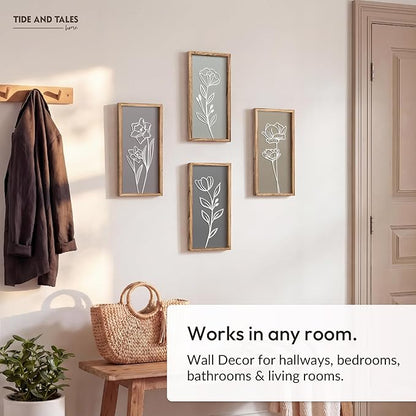 3D Wooden Floral Bathroom Wall Decor (Set of 4) Lightweight, Ready-to-Hang Framed Wall Art For Living Room, Bedroom, or Office - Premium Boho Botanical Farmhouse Decorations - Gift-Boxed