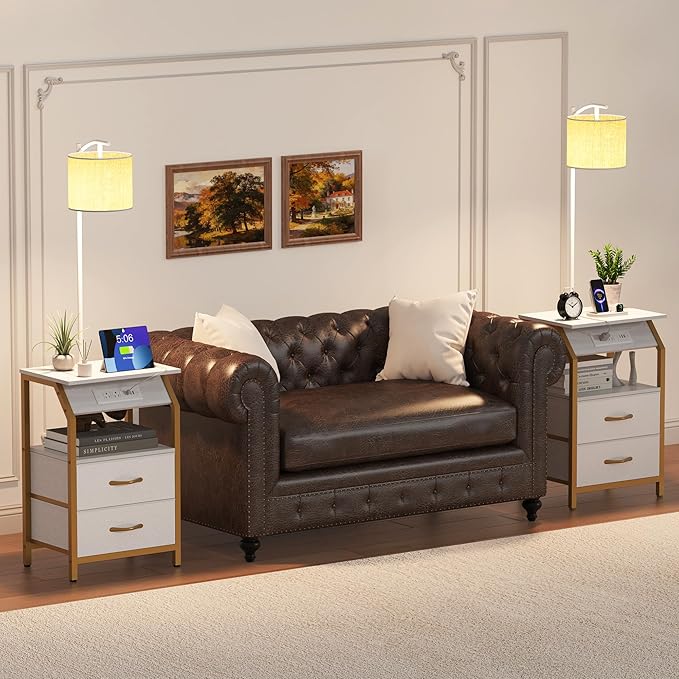 End Table with Floor Lamp, Nightstand with Charging Station, Floor Lamp Table with 3-Color Temperature Bulb, Bedside Table Night Stand with 2 Drawers for Bedroom, Living Room, Gold