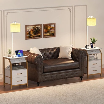 End Table with Floor Lamp, Nightstand with Charging Station, Floor Lamp Table with 3-Color Temperature Bulb, Bedside Table Night Stand with 2 Drawers for Bedroom, Living Room, Gold