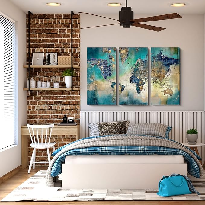 Pogusmavi Canvas Wall Art for Living Room - World Map Wall Decor - Large Wall Art for Bedroom - Office Artwork - Map Wall Art 16"x32" 3 Piece Canvas Wall Art