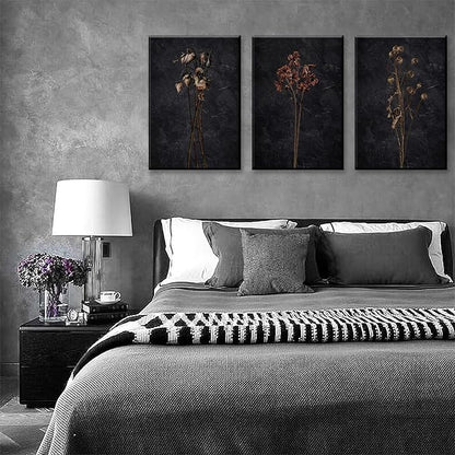 LYPHNX Framed Dark Moody Wildflowers Canvas Wall Art Black Vintage Dried Floral Wilderness Botanical Painting Poster Set of 3 Nature Prints Picture Wall decor for Living Room Bedroom Office 12"x16"