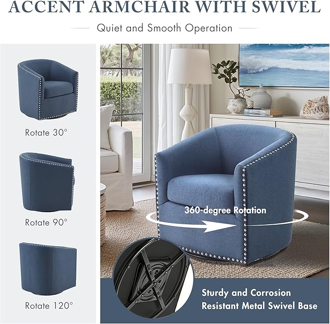 Madison Park Swivel Barrel Accent Chair, Upholstered Curved Back with 7-Inch Thick Woven Cushion, 360° Swivel, Nailhead Trim, Comfy Chair for Living Room, Bedroom, Office, 28" Wide, Blue, Tyler