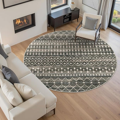 Miukiki Round Rugs 6ft for Living Room Moroccan Washable Circle Rug Non Slip Indoor Floor Carpet Foldable Area Rug for Dining Room with Low Pile(Black,6'x6')