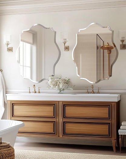 Frameless Scalloped Wall Mirror: Decorative Scallop Oval Mirrored Glass Vanity with Beveled Silver Edge for Bathroom Bedroom Livingroom Dining Room Entryway Hallway, 32 x 24 inch