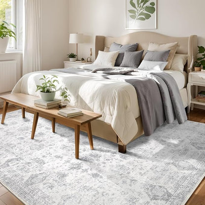 Washable 8×10 Area Rug for Living Room, Vintage Floral Rug Soft Non Slip Stain Resistant Boho Carpet for Bedroom Dinning Room Kitchen Home Office Grey