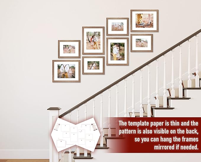 VELISTA 8 Piece Stair Picture Frame Set for Wall Collage - Stairwell Gallery Frame Set Rustic Stairway Decor - Wooden Ladder Picture Frames with Mat - Farmhouse Staircase Wall Decor (Walnut)
