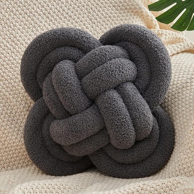 Knot Pillow, 12" Soft Decorative Throw Pillows for Couch Bed, Gray Pink Knotted Plush Throw Pillow Handmade Square Cushion Home Decor Pillows (Dark Gray, 12 Inches X12 Inches)