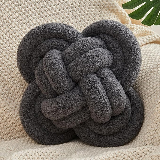 Knot Pillow, 12" Soft Decorative Throw Pillows for Couch Bed, Gray Pink Knotted Plush Throw Pillow Handmade Square Cushion Home Decor Pillows (Dark Gray, 12 Inches X12 Inches)
