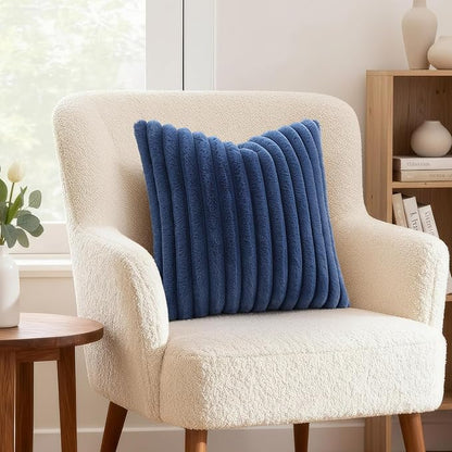decorUhome Cozy Faux Fur Throw Pillow Covers 16x16 Set of 2 Decorative Soft Plush Striped Modern Farmhouse Boho Couch Pillow Cases with Velvet Back for Sofa Bed Living Room, Blue