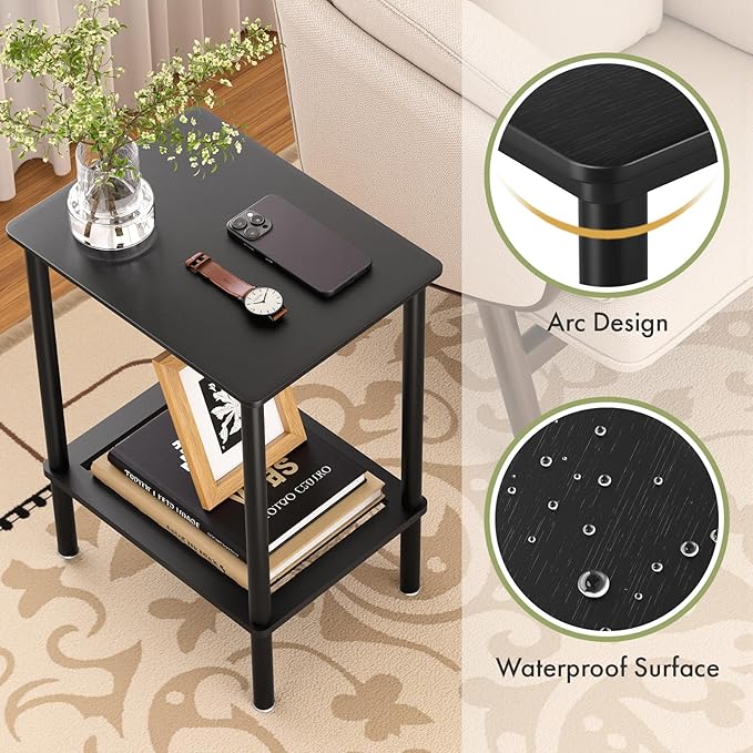 2 Tier Small Side Table, Bedside Table, Narrow Entryway Table, Bamboo End Table with Storage Shelf, Bedroom Nightstand, Mini Accent Table, Small Coffee Table, Plant Stand, Black